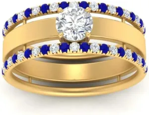 Low Profile Big Wedding Ring Sterling Silver Engagement Wedding Anniversary Rings Bridal Sets for Women 1.28 Carat margin fireball retrospective exalt Round Shape CZ Blue Sapphire & Cubic Zirconia Solitaire Trio 