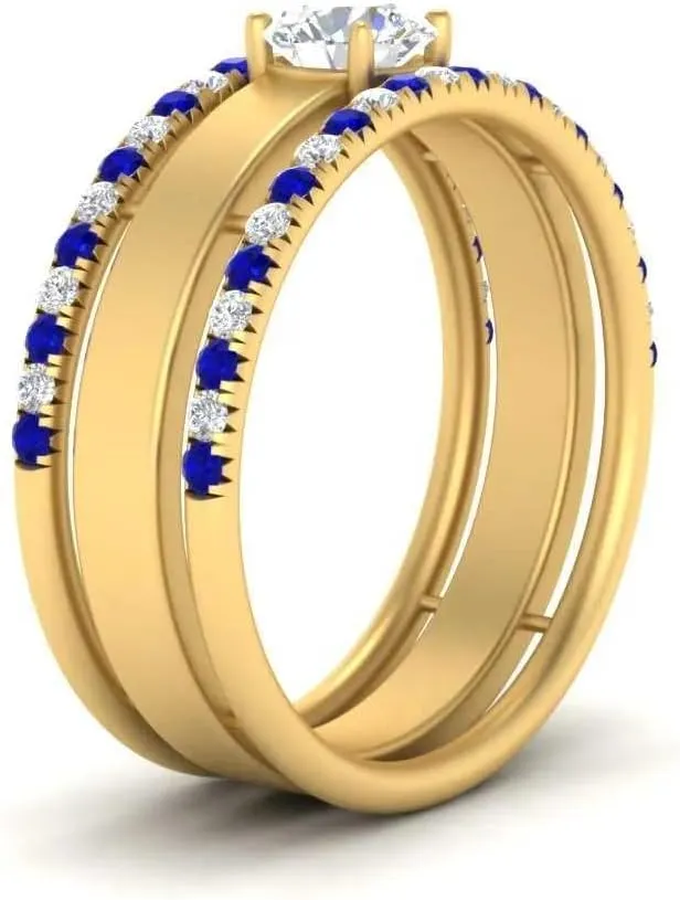 Low Profile Big Wedding Ring Sterling Silver Engagement Wedding Anniversary Rings Bridal Sets for Women 1.28 Carat margin fireball retrospective exalt Round Shape CZ Blue Sapphire & Cubic Zirconia Solitaire Trio 