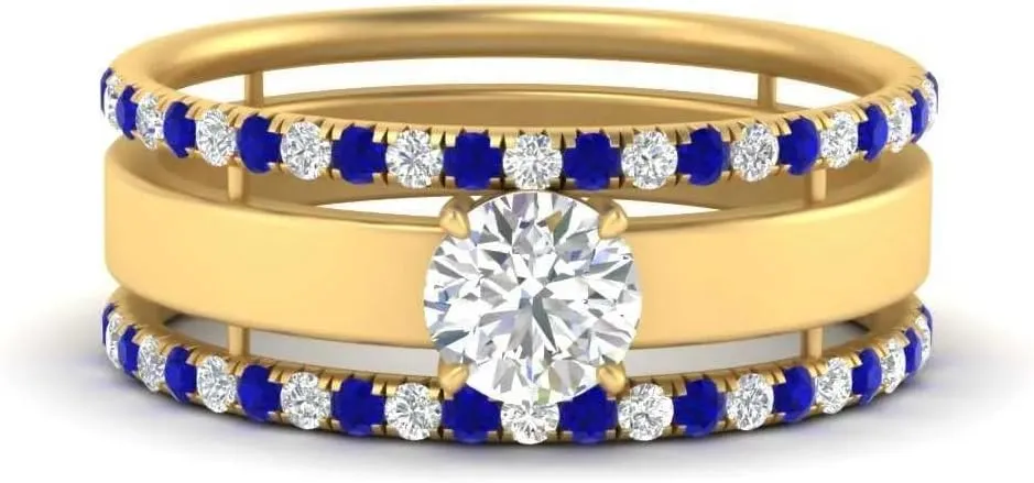 Low Profile Big Wedding Ring Sterling Silver Engagement Wedding Anniversary Rings Bridal Sets for Women 1.28 Carat margin fireball retrospective exalt Round Shape CZ Blue Sapphire & Cubic Zirconia Solitaire Trio 
