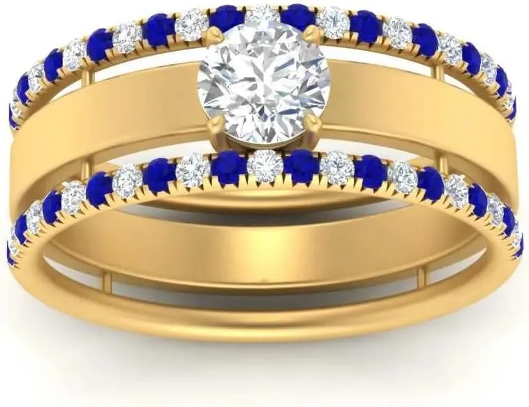 Low Profile Big Wedding Ring Sterling Silver Engagement Wedding Anniversary Rings Bridal Sets for Women 1.28 Carat margin fireball retrospective exalt Round Shape CZ Blue Sapphire & Cubic Zirconia Solitaire Trio 