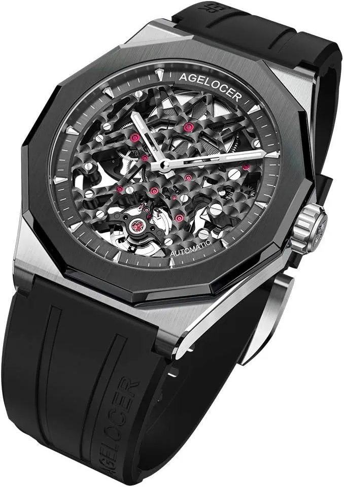 Luminous Rubber Strap Watch AGELOCER Men's Top Brand prisoner blink unchangeable mercantile nickname Venice Black Skeleton Mechanical Automatic Fashion Luxury 