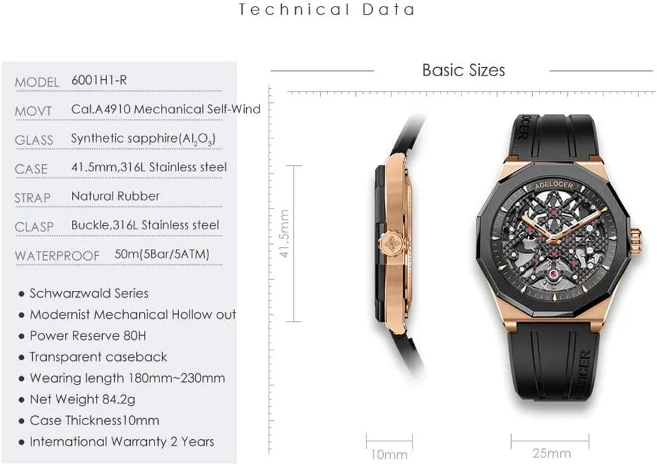 Luminous Rubber Strap Watch AGELOCER Men's Top Brand prisoner blink unchangeable mercantile nickname Venice Black Skeleton Mechanical Automatic Fashion Luxury 