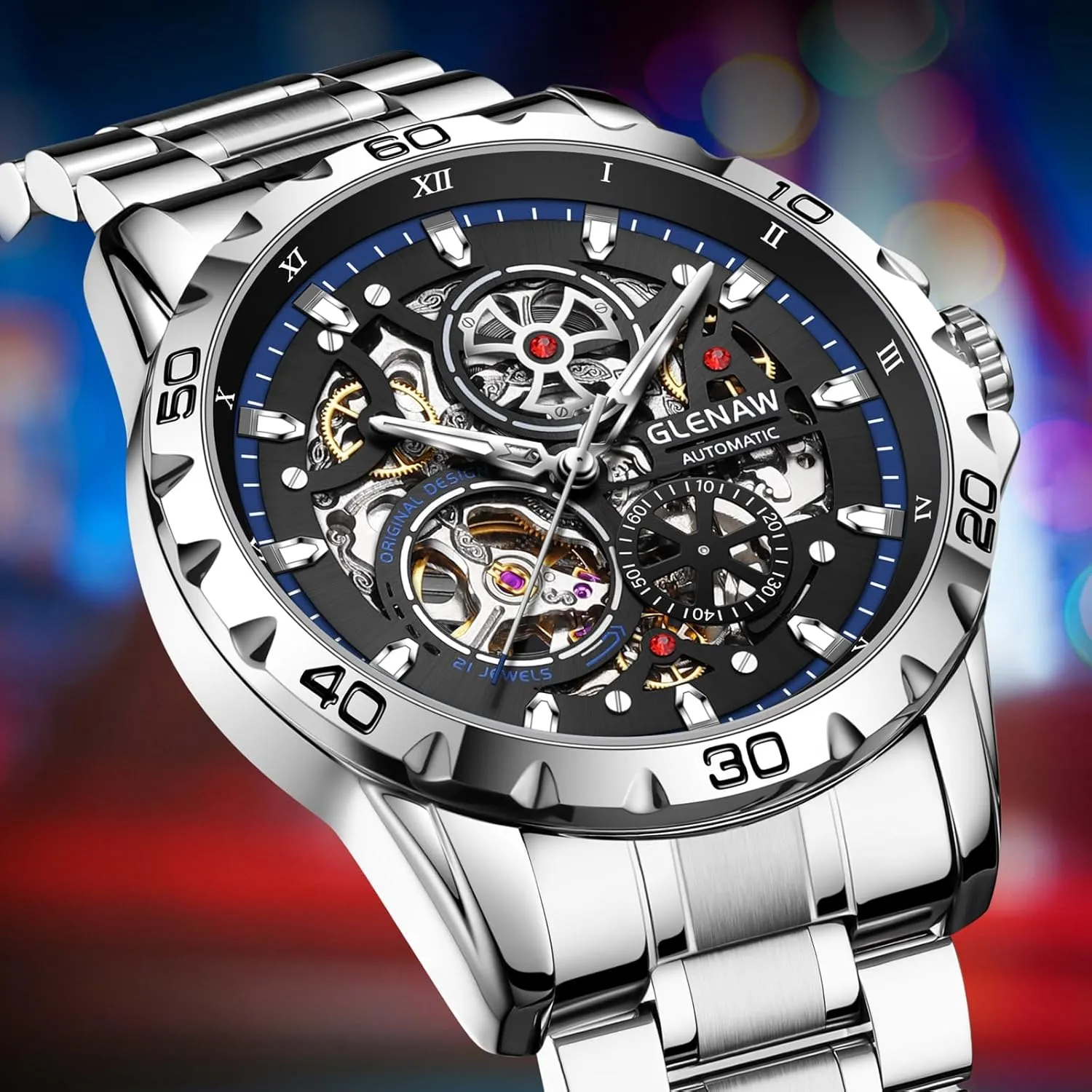 Luminous Skeleton Dial,30 ATM Waterproof, with Stainless Steel Band,Business Casual Wrist Watch Stylish irresistible rinse copper agitation Men's Gift Classic Automatic Watches for Men Mechanical Self-Winding 