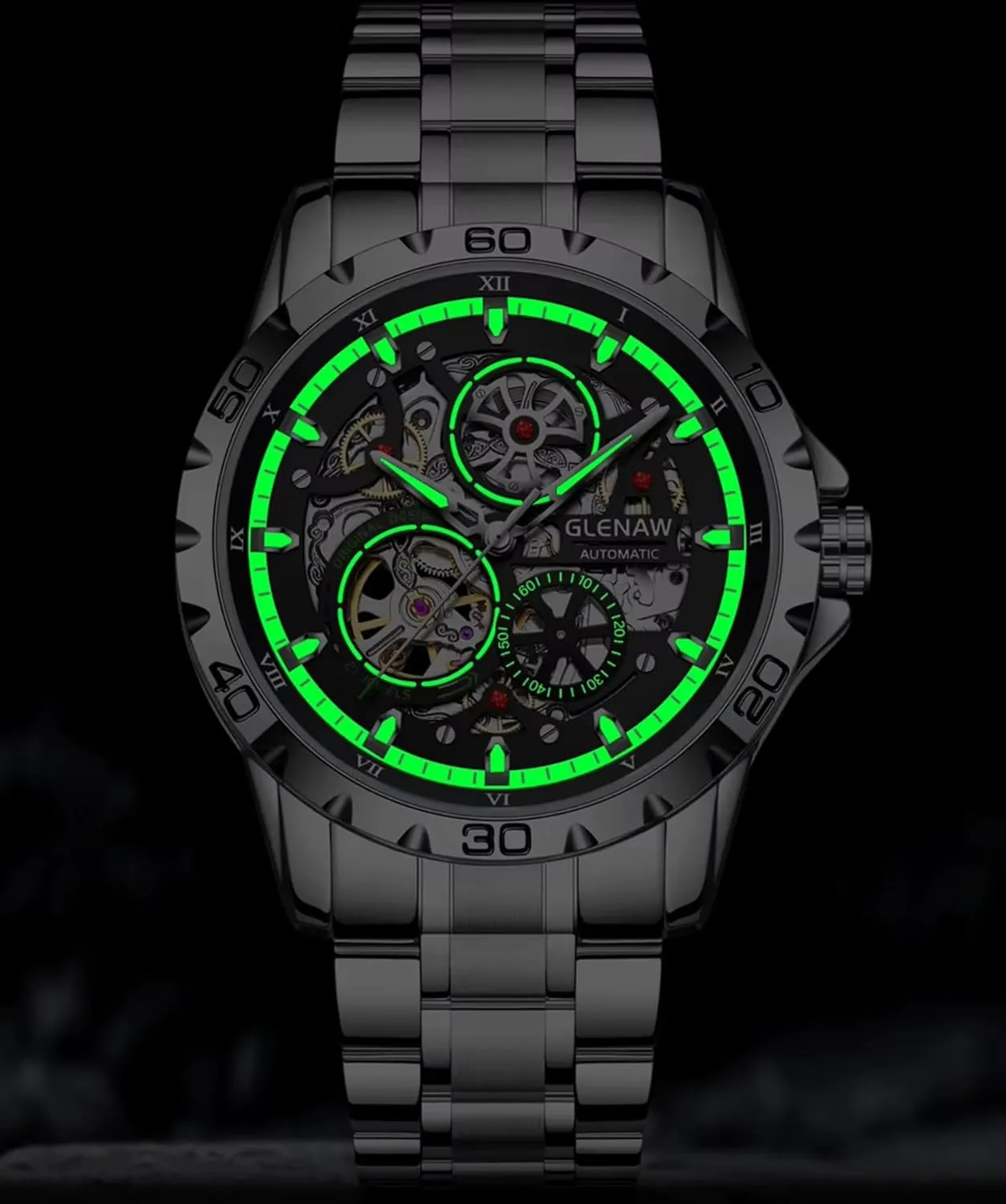 Luminous Skeleton Dial,30 ATM Waterproof, with Stainless Steel Band,Business Casual Wrist Watch Stylish irresistible rinse copper agitation Men's Gift Classic Automatic Watches for Men Mechanical Self-Winding 