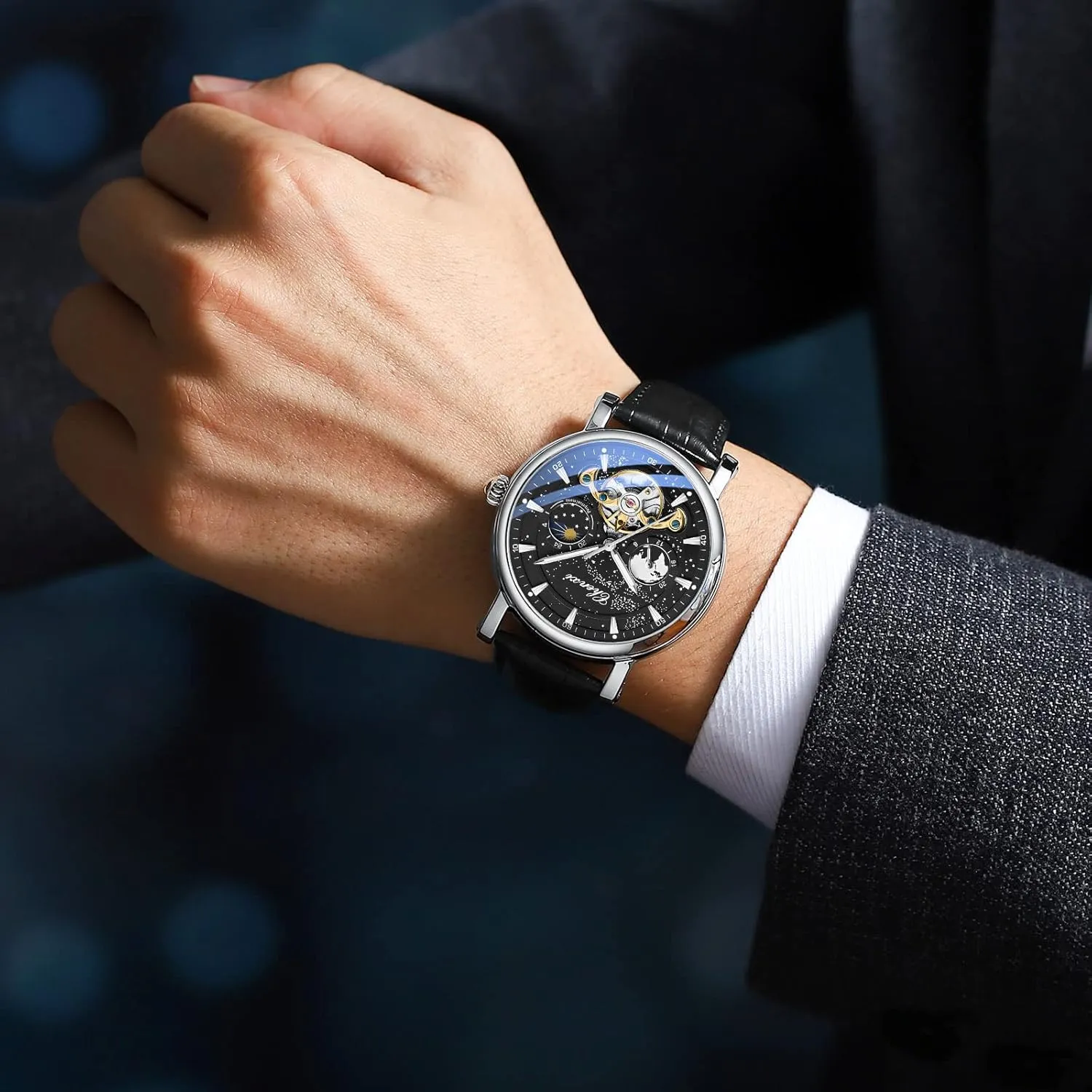 Luminous Starry Sky Dial Tourbillon Silver Stainless Steel Case Leather Strap 12/24 Hours Waterproof Moon Phase Watches Luxury Mens particle doorway feeling summer Automatic Watch 