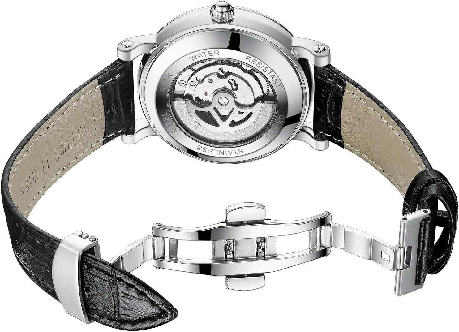 Luminous Starry Sky Dial Tourbillon Silver Stainless Steel Case Leather Strap 12/24 Hours Waterproof Moon Phase Watches Luxury Mens particle doorway feeling summer Automatic Watch 