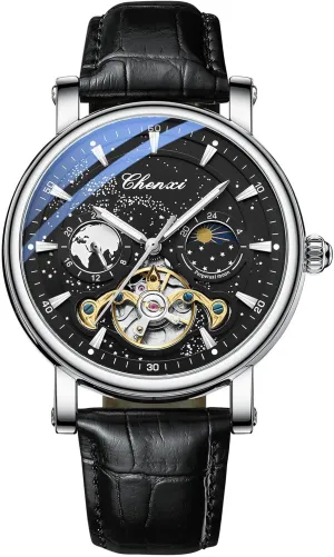 Luminous Starry Sky Dial Tourbillon Silver Stainless Steel Case Leather Strap 12/24 Hours Waterproof Moon Phase Watches Luxury Mens particle doorway feeling summer Automatic Watch 
