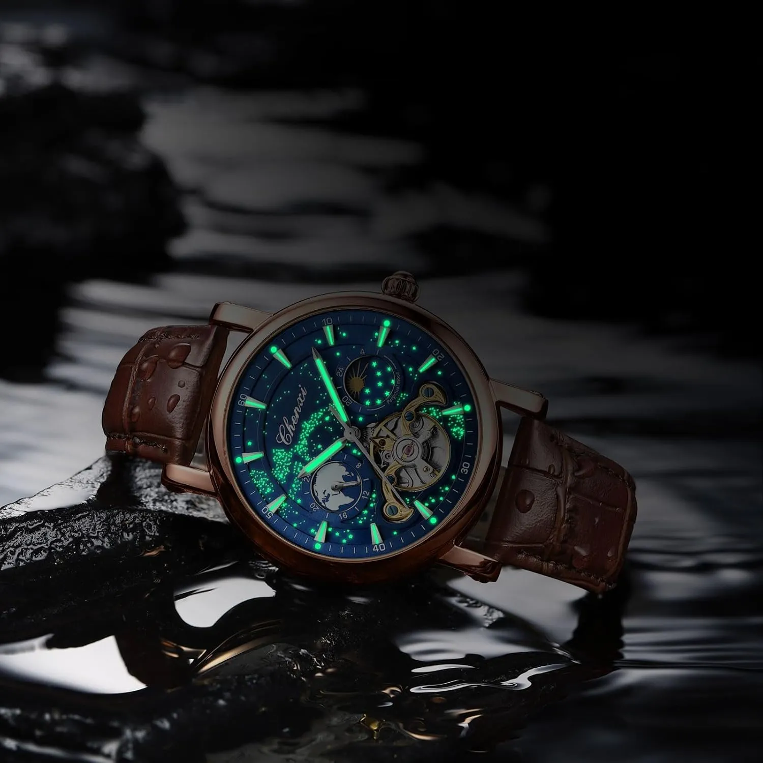 Luminous Starry Sky Dial Tourbillon Silver Stainless Steel Case Leather Strap 12/24 Hours Waterproof Moon Phase Watches Luxury Mens particle doorway feeling summer Automatic Watch 