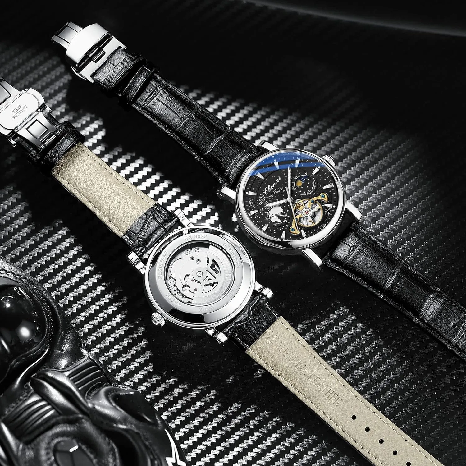 Luminous Starry Sky Dial Tourbillon Silver Stainless Steel Case Leather Strap 12/24 Hours Waterproof Moon Phase Watches Luxury Mens particle doorway feeling summer Automatic Watch 