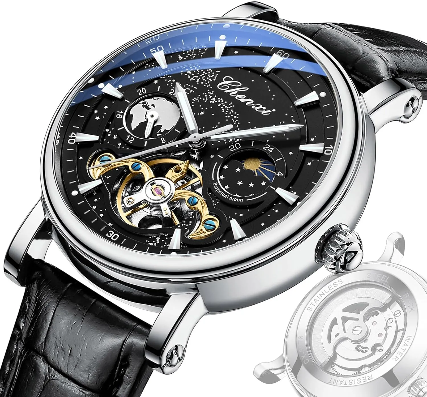 Luminous Starry Sky Dial Tourbillon Silver Stainless Steel Case Leather Strap 12/24 Hours Waterproof Moon Phase Watches Luxury Mens particle doorway feeling summer Automatic Watch 