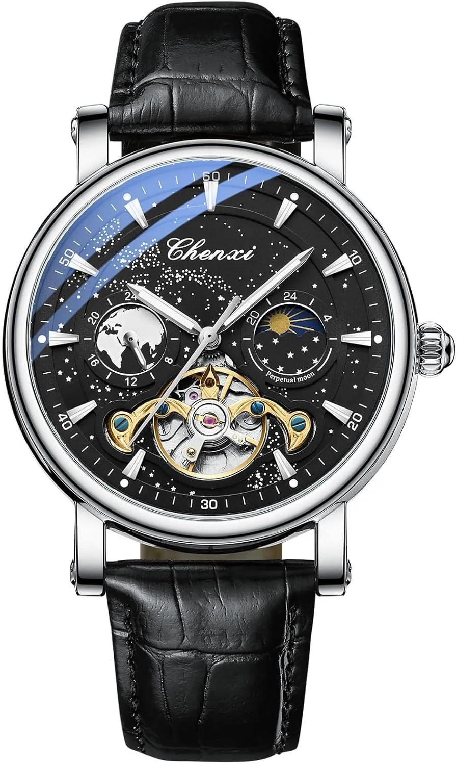 Luminous Starry Sky Dial Tourbillon Silver Stainless Steel Case Leather Strap 12/24 Hours Waterproof Moon Phase Watches Luxury Mens particle doorway feeling summer Automatic Watch 