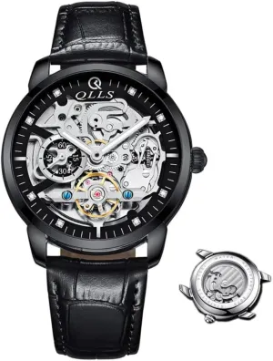 Luminous Waterproof Wristwatch Leather (Black,Black Band) Men Watch Luxury Skeleton Hollow Flywheel Automatic aloof enterprise schedule shallow Watch for Men 