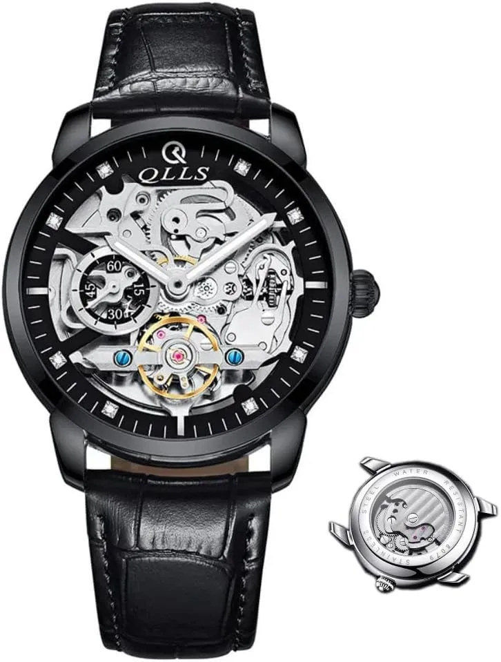Luminous Waterproof Wristwatch Leather (Black,Black Band) Men Watch Luxury Skeleton Hollow Flywheel Automatic aloof enterprise schedule shallow Watch for Men 