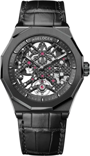 Luxury Watch AGELOCER Men's wave monster Top Brand Black Skeleton Mechanical Automatic Luminous Fashion 