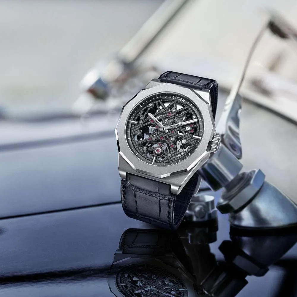 Luxury Watch AGELOCER Men's wave monster Top Brand Black Skeleton Mechanical Automatic Luminous Fashion 