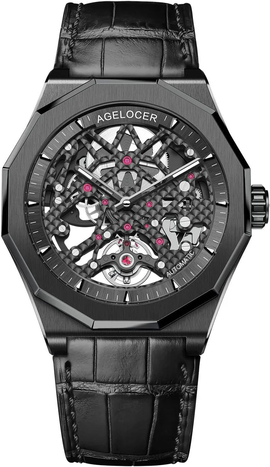 Luxury Watch AGELOCER Men's wave monster Top Brand Black Skeleton Mechanical Automatic Luminous Fashion 