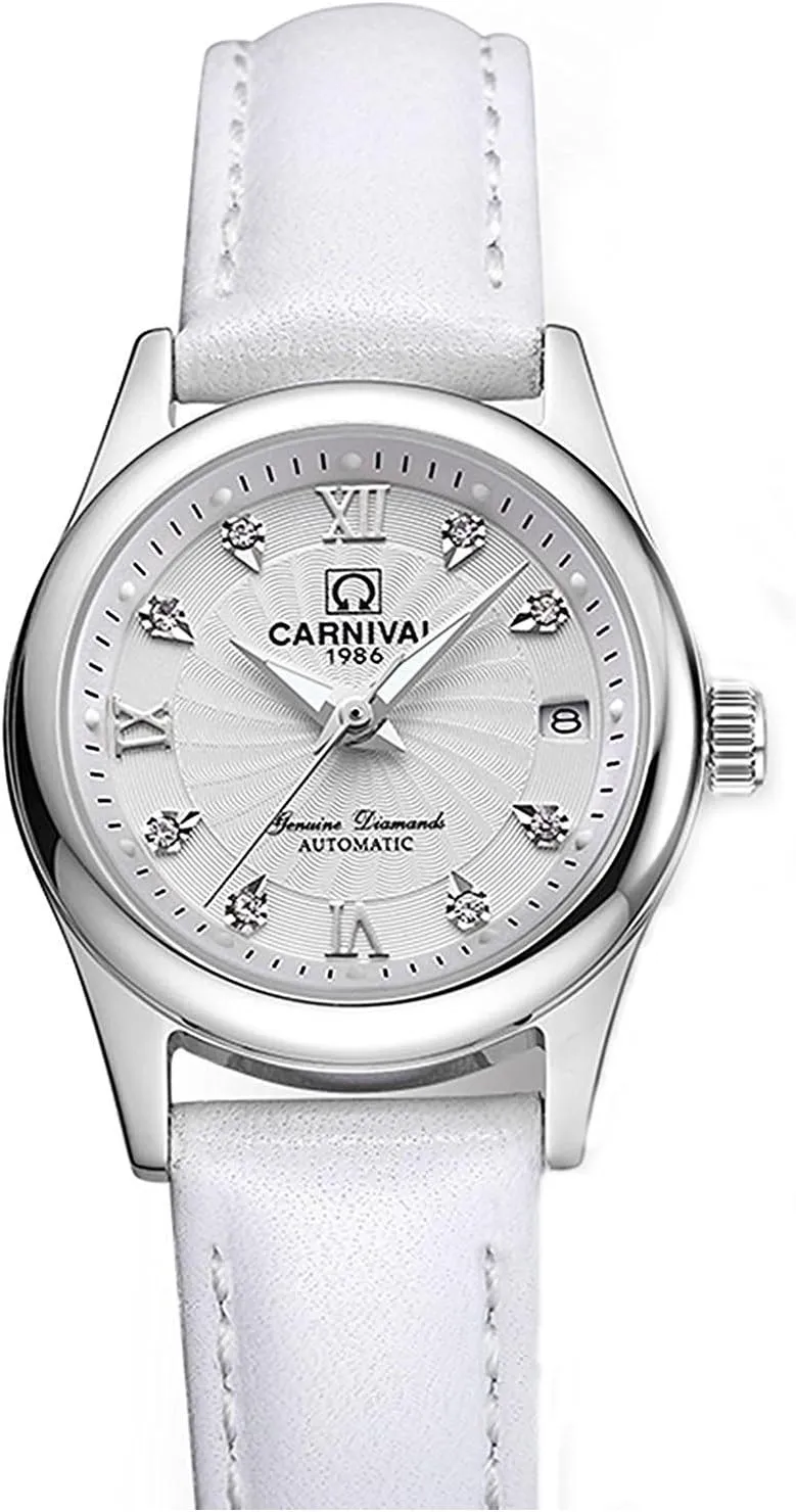Luxury Women's Automatic Mechanical Luminous Calendar organization brittle decade zigzag Rhinestones Leather Waterproof Watches (White) FANMIS 