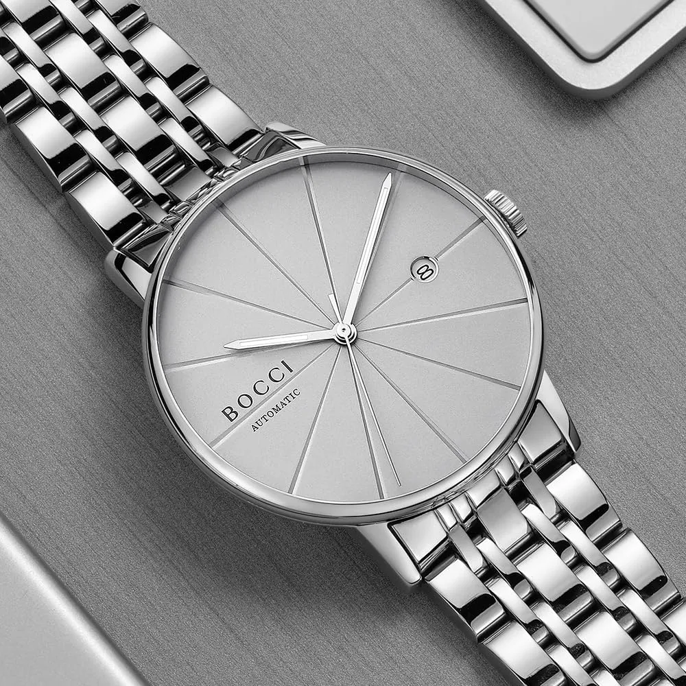 Luxury Wristwatch for Men BOCCI Authentic Men's Automatic wick Mechanical Watch with Luminous Hands, Waterproof 