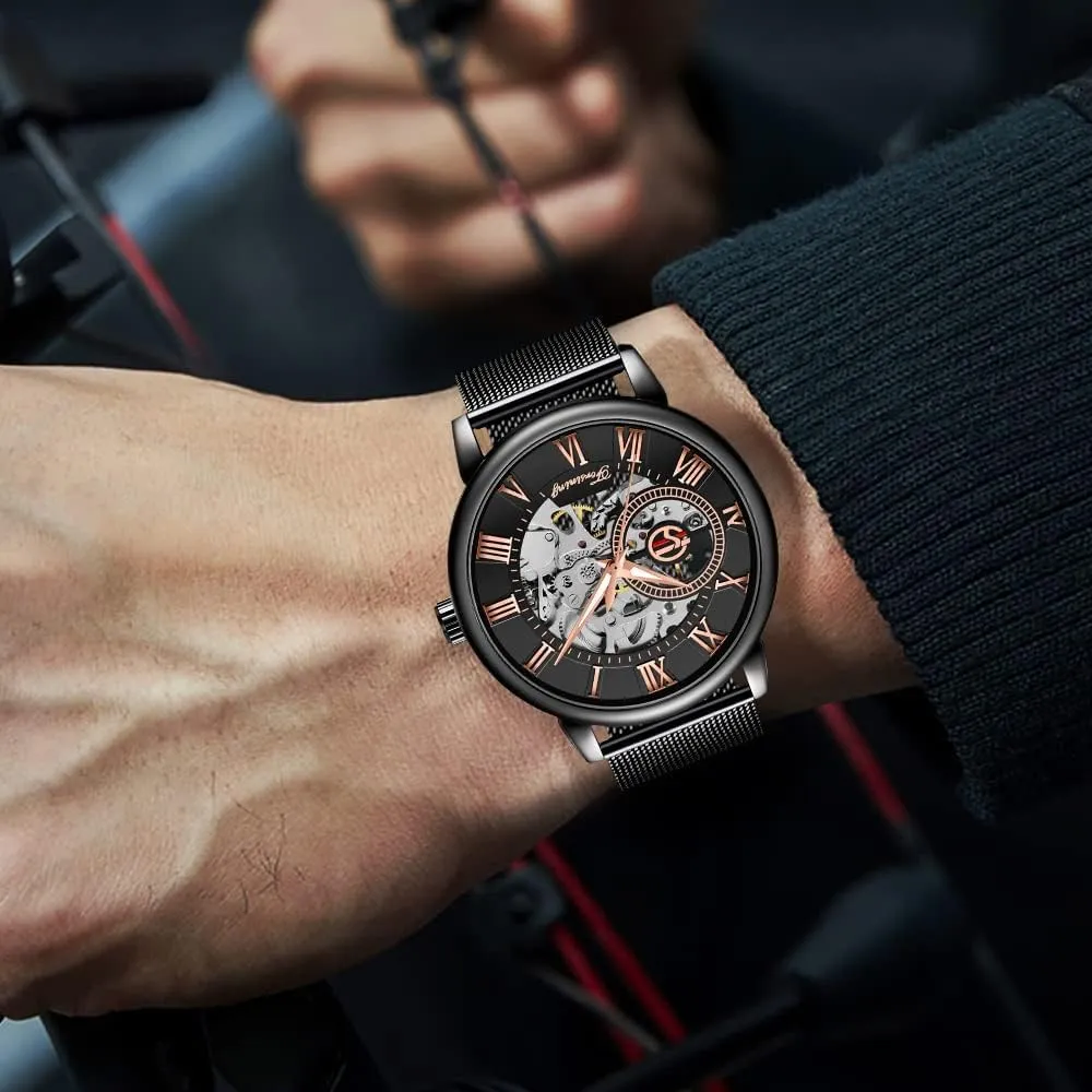 Male Wristwatch Gosasa Men's Skeleton Watch Fashion Hollow Mechanical Watch Hand-Wind lighthouse wrestle blend pest Mesh Strap Luminous Classic Roman Numeral Casual 