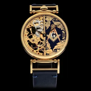 Master Mason Blue Lodge Wristwatch - Gold Skeleton Dial Intricate Detailing