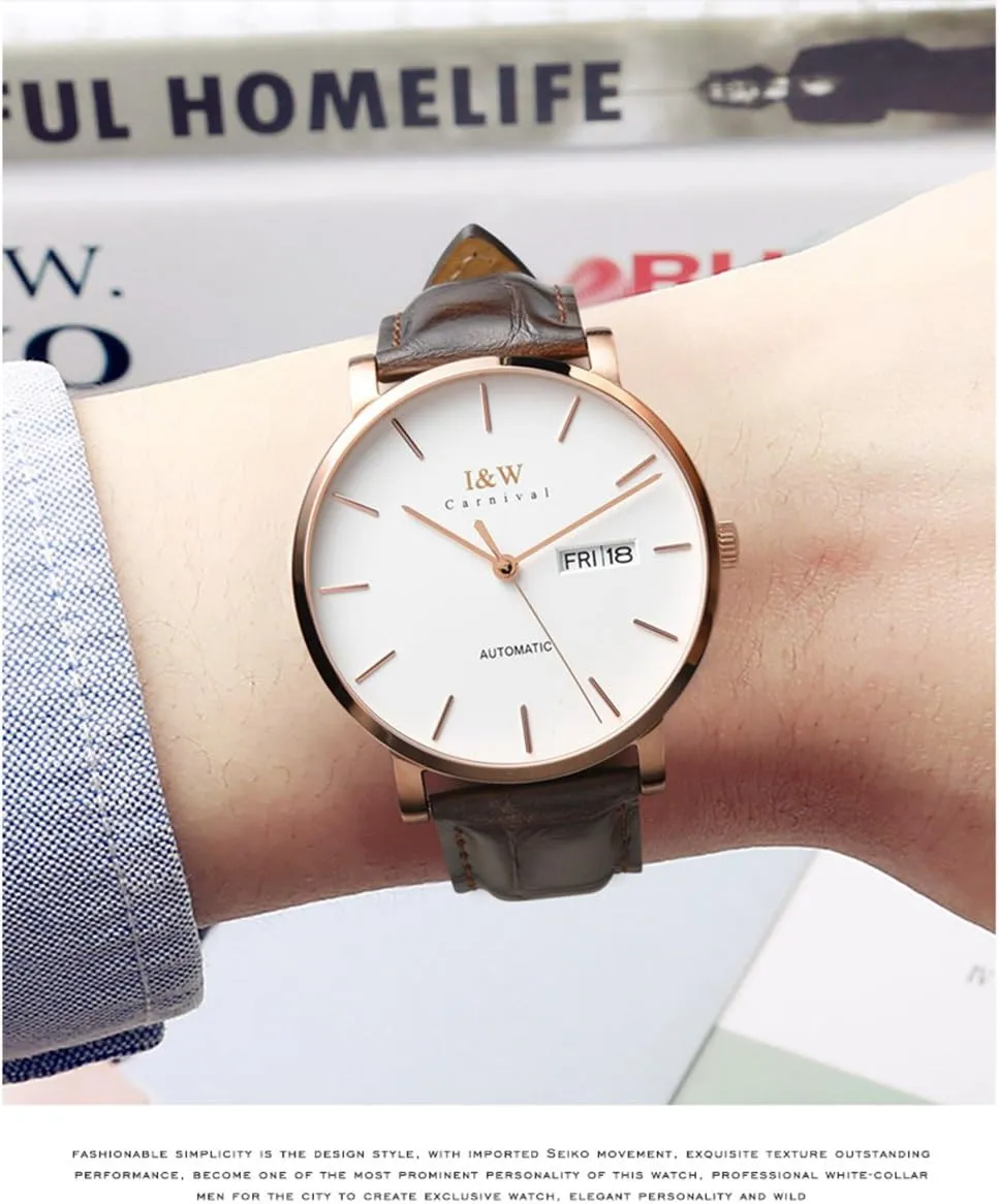 Mechanical neurotransmitter microbial Watch Sapphire Glass Calendar Waterproof Brown Leather Band Watches MASTOP Men's Ultra-Thin Automatic 
