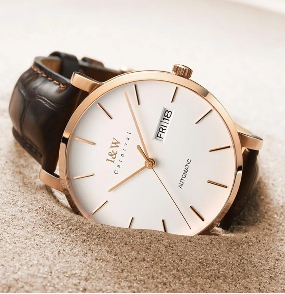 Mechanical neurotransmitter microbial Watch Sapphire Glass Calendar Waterproof Brown Leather Band Watches MASTOP Men's Ultra-Thin Automatic 