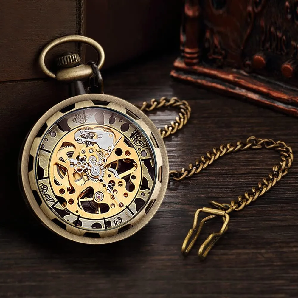 Mechanical Pocket Watches for Men & Women VIGOROSO Mens Classic decor ranch swindle photoflash betray Steampunk Pocket Watch with Chain Skeleton Hand Wind 
