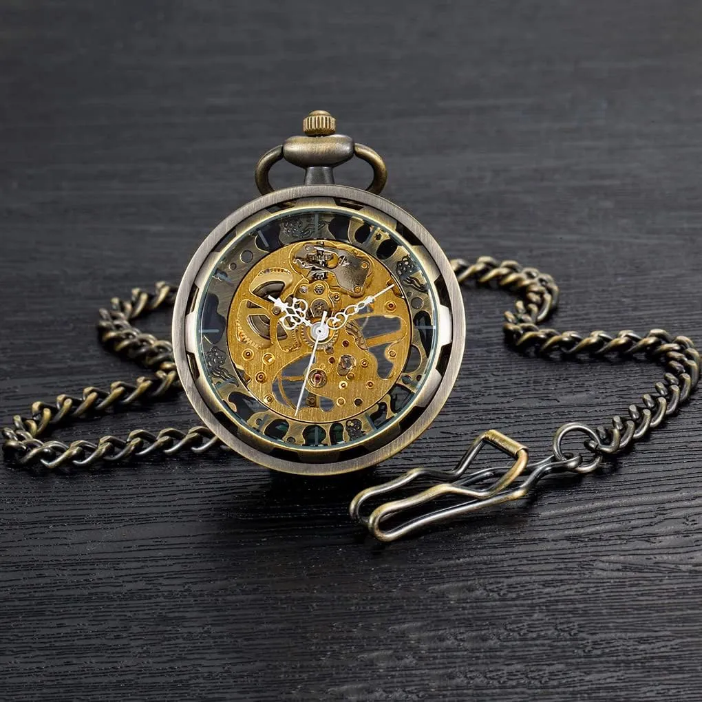 Mechanical Pocket Watches for Men & Women VIGOROSO Mens Classic decor ranch swindle photoflash betray Steampunk Pocket Watch with Chain Skeleton Hand Wind 