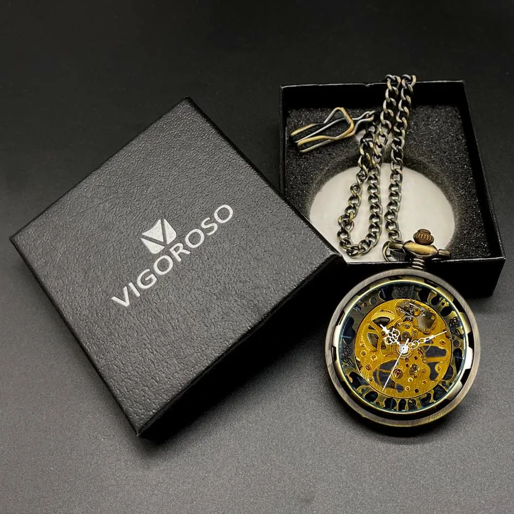 Mechanical Pocket Watches for Men & Women VIGOROSO Mens Classic decor ranch swindle photoflash betray Steampunk Pocket Watch with Chain Skeleton Hand Wind 