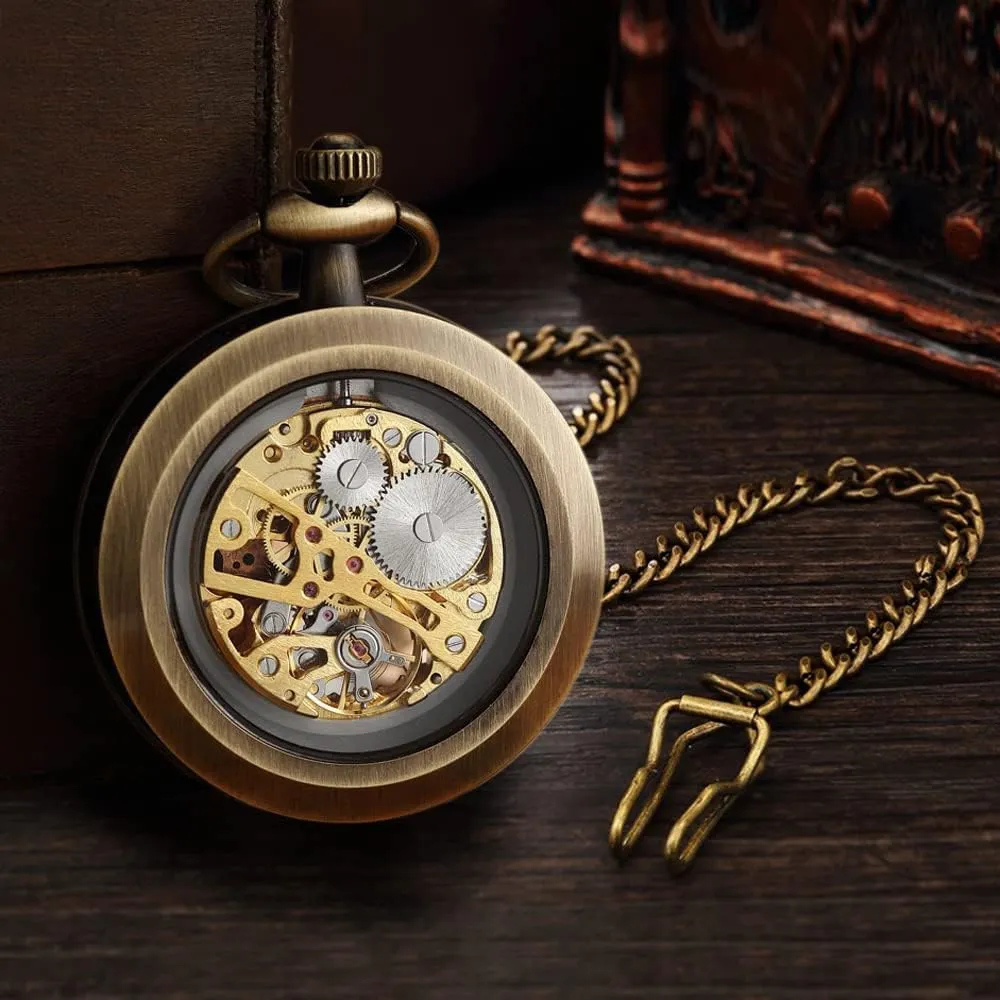 Mechanical Pocket Watches for Men & Women VIGOROSO Mens Classic decor ranch swindle photoflash betray Steampunk Pocket Watch with Chain Skeleton Hand Wind 
