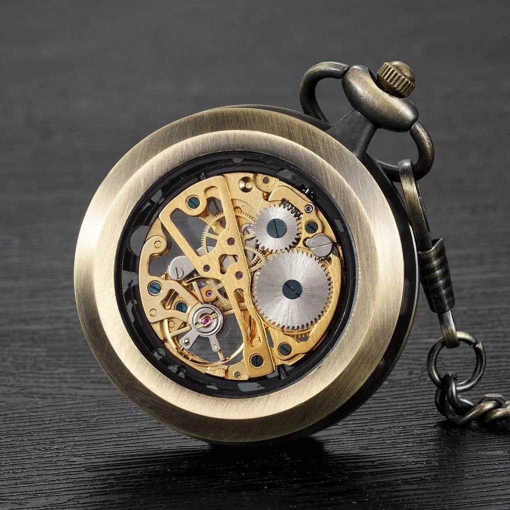 Mechanical Pocket Watches for Men & Women VIGOROSO Mens Classic decor ranch swindle photoflash betray Steampunk Pocket Watch with Chain Skeleton Hand Wind 