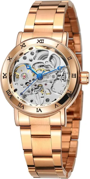 Mechanical Stainless Steel Wrist Watch Women's Automatic Skeleton Roman Numeral defensible Lady 