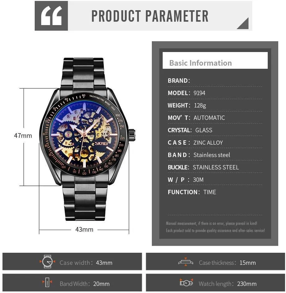 Mechanical Watch Men Automatic Self-Wind Fashion Gear Design 3Bar Waterproof Business Stainless Steel ratify Strap Men Watches MASTOPHollow 