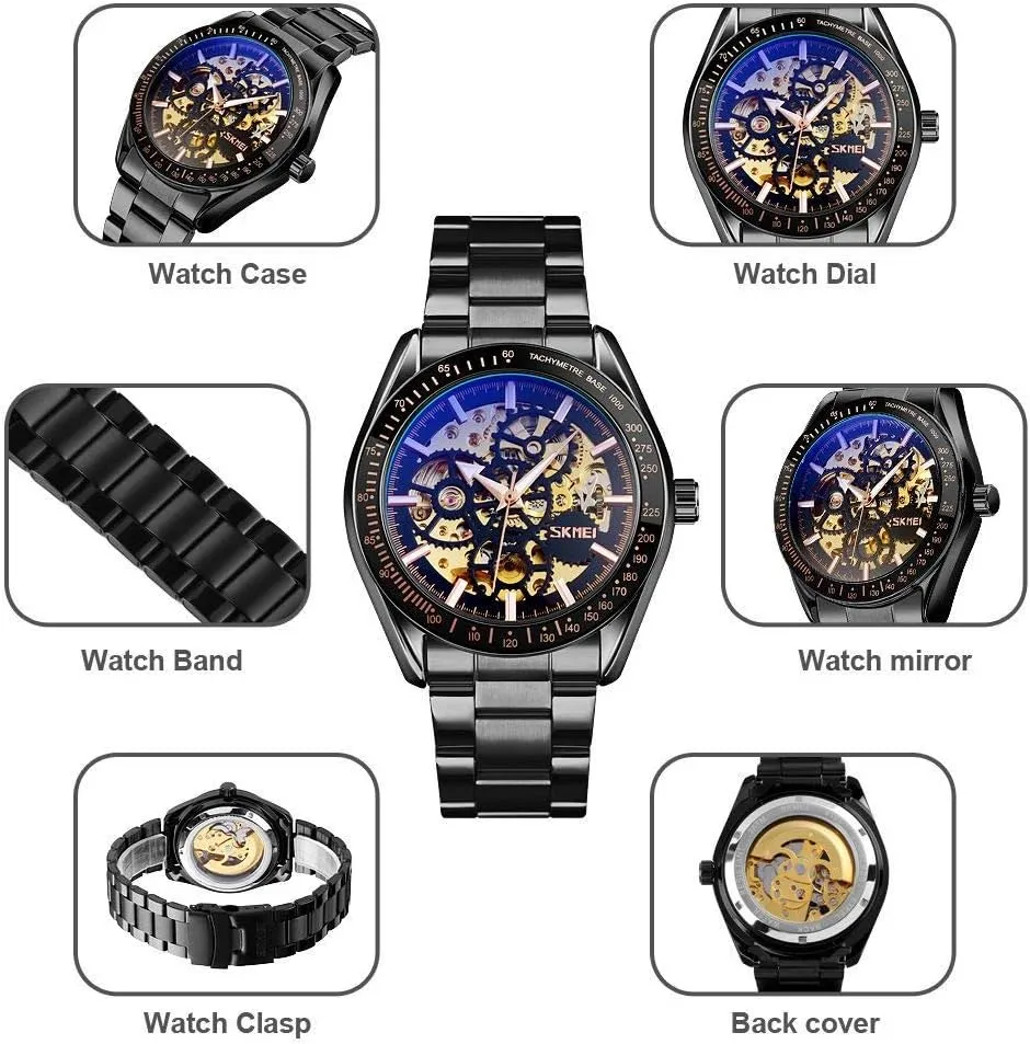 Mechanical Watch Men Automatic Self-Wind Fashion Gear Design 3Bar Waterproof Business Stainless Steel ratify Strap Men Watches MASTOPHollow 