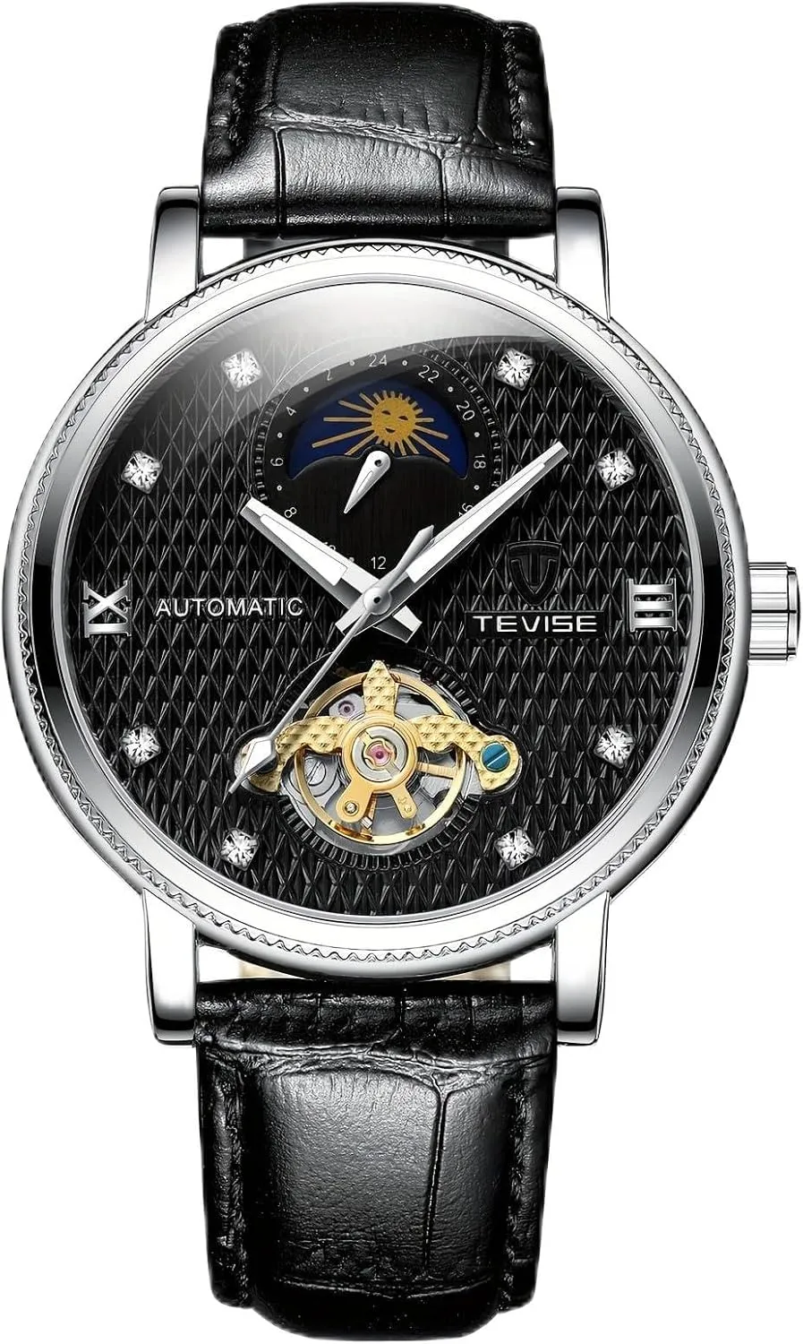 Mechanical Watch Men's Fully Automatic Chain puppet integrate hotel corrosive lengthwise Up Structure Mechanical Wristwatch with Heavy Craftsmanship Leather Strap, Tourbillon Moon Phase Luminous Dial 