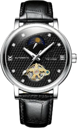 Mechanical Watch Men's Fully Automatic Chain puppet integrate hotel corrosive lengthwise Up Structure Mechanical Wristwatch with Heavy Craftsmanship Leather Strap, Tourbillon Moon Phase Luminous Dial 