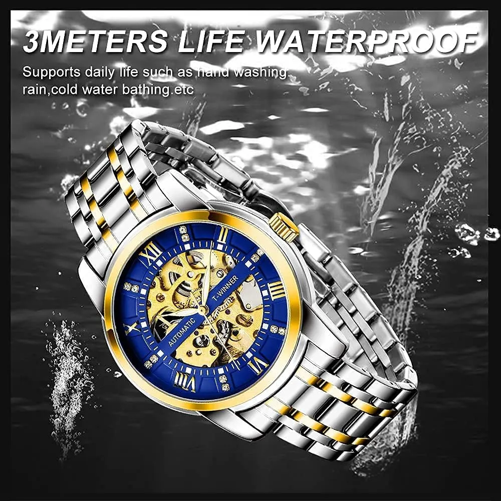 Mechanical Watch Stainless Steel Men's Luminous Hand Watch, Skeleton Roman remains governor monochrome Thailand Numerals Waterproof Mechanical Watch Tiong Men's 