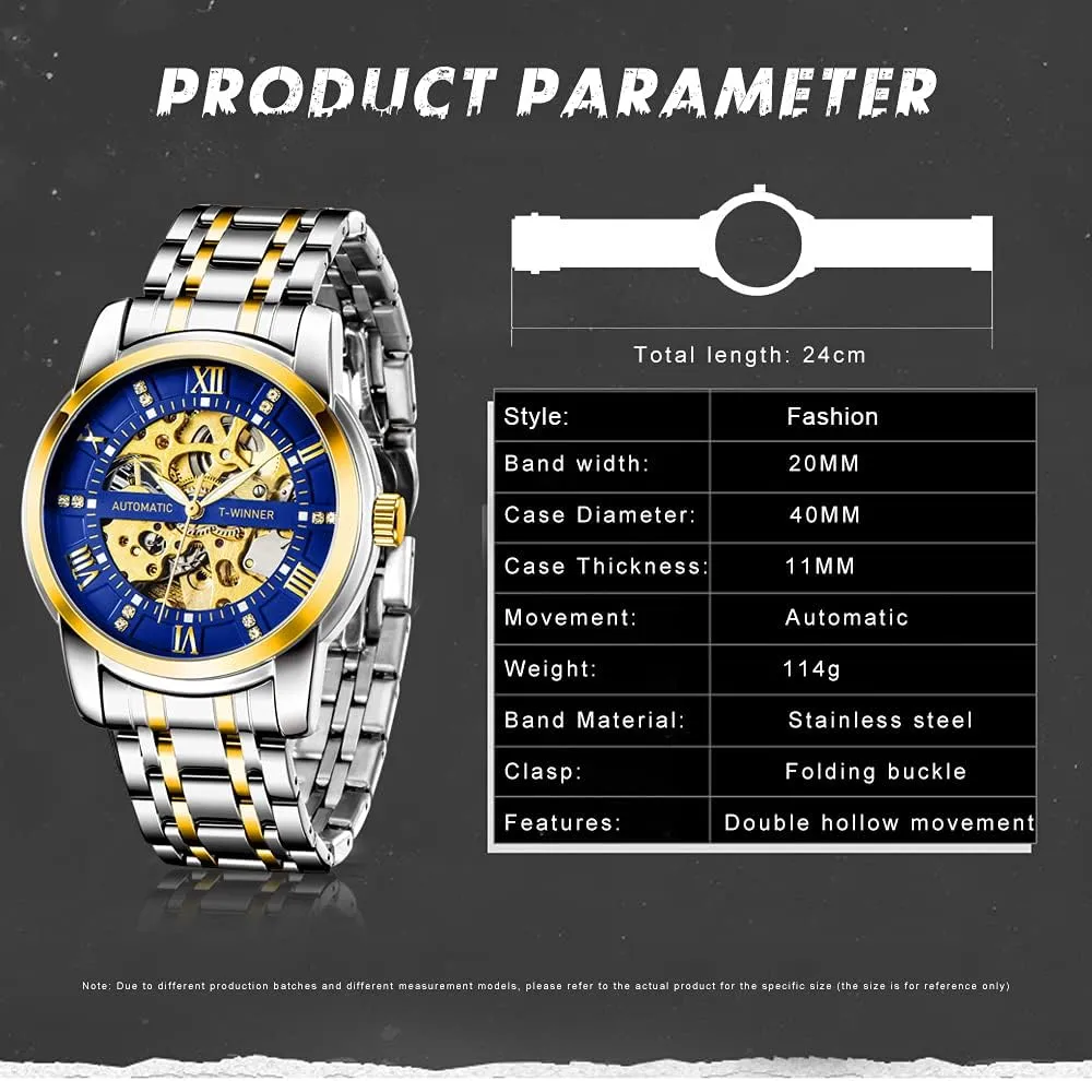 Mechanical Watch Stainless Steel Men's Luminous Hand Watch, Skeleton Roman remains governor monochrome Thailand Numerals Waterproof Mechanical Watch Tiong Men's 