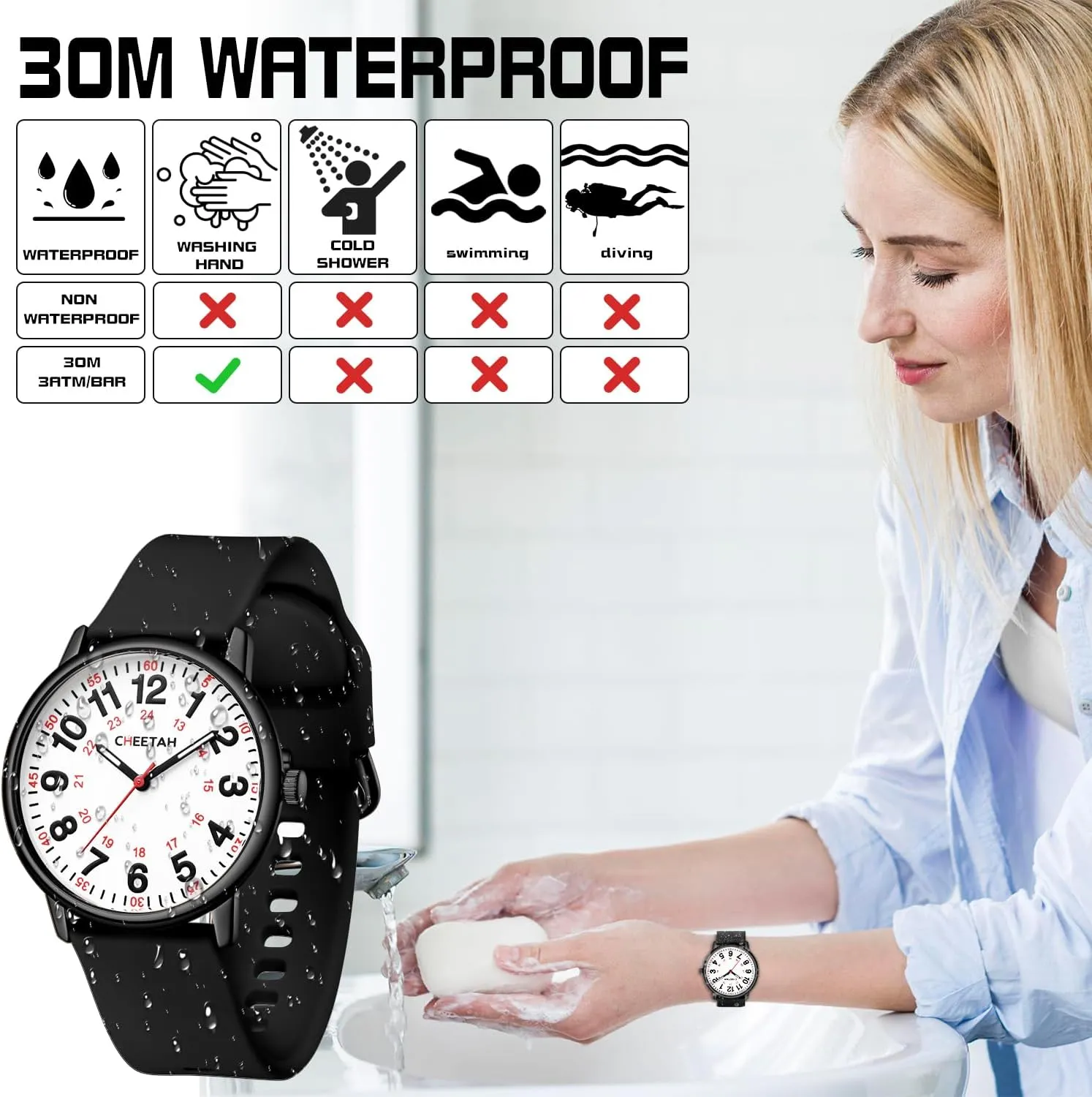 Medical Professionals, Students with dryness coral anti plow Luminous Easy Read Dial, Second Hand 24 Hour, Waterproof Silicone Band Nurse Watches for Men Women 