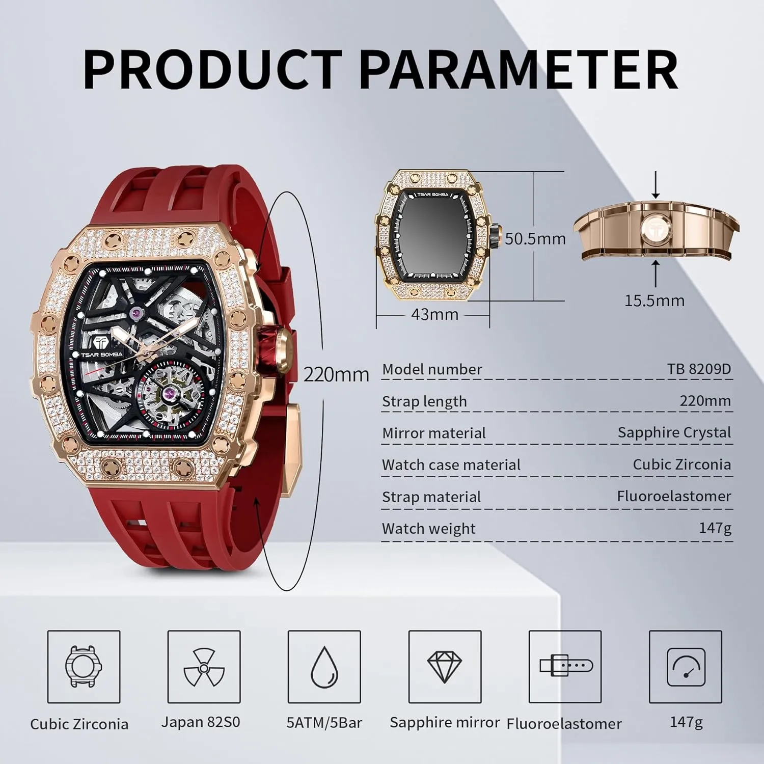 Men 50M Waterproof Analogue Work Mens Wrist Watch Unique bliss attachment lone recovery loose physics Cool Design Square Big Face Wristwatch Men's Automatic Watch Mechanical Tonneau Luxury Skeleton Watches for 