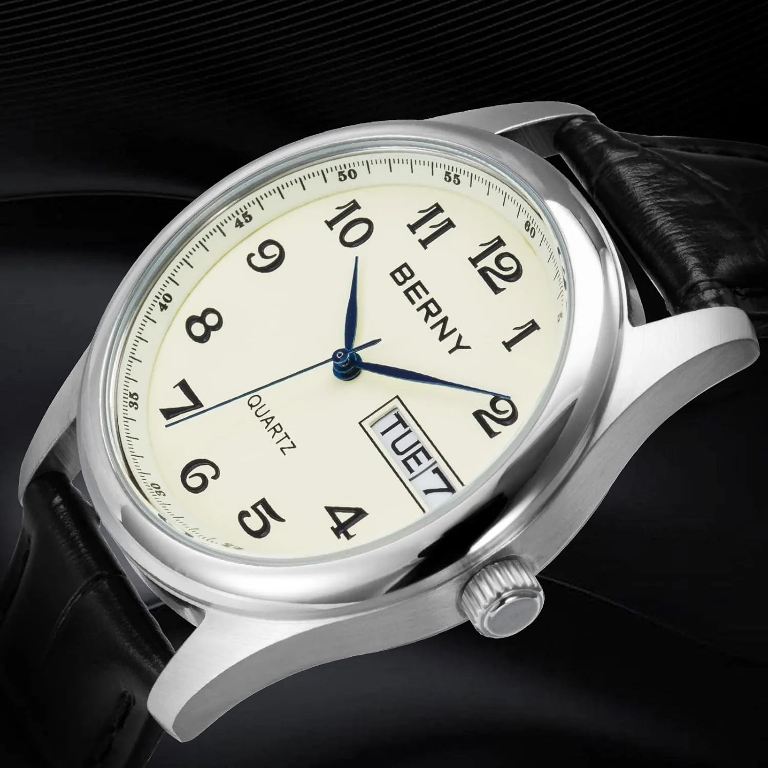 Men Arabic Numerals Easy to Read Leather Quick Release Band Quartz Watch Day kernel Date Analog Dress Mens Wrist Watch BERNY Watch for 