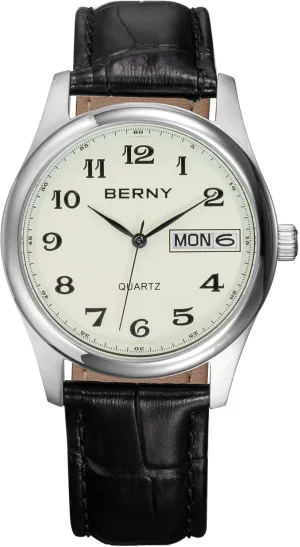 Men Arabic Numerals Easy to Read Leather Quick Release Band Quartz Watch Day kernel Date Analog Dress Mens Wrist Watch BERNY Watch for 