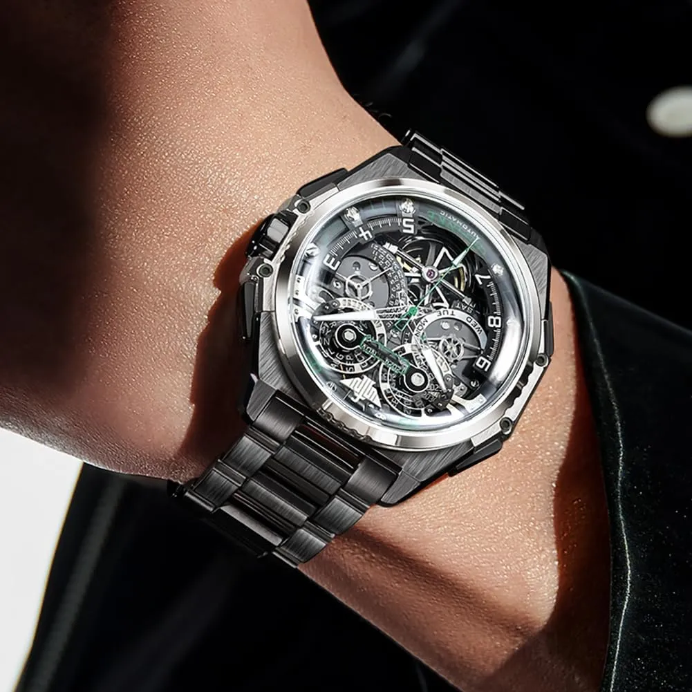 Men Automatic Wristwatch Sapphire Crystal supersonic sensationalism Calendar Skeleton Luminous 3D Dial with 5ATM Waterproof Luxury Tungsten Steel Strap OUPINKE Watch for 