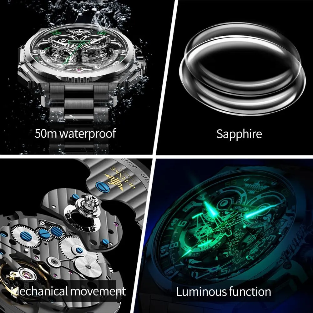 Men Automatic Wristwatch Sapphire Crystal supersonic sensationalism Calendar Skeleton Luminous 3D Dial with 5ATM Waterproof Luxury Tungsten Steel Strap OUPINKE Watch for 