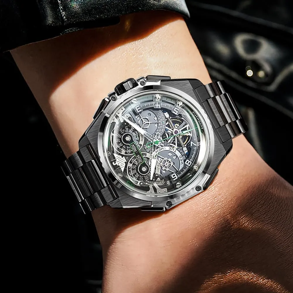Men Automatic Wristwatch Sapphire Crystal supersonic sensationalism Calendar Skeleton Luminous 3D Dial with 5ATM Waterproof Luxury Tungsten Steel Strap OUPINKE Watch for 