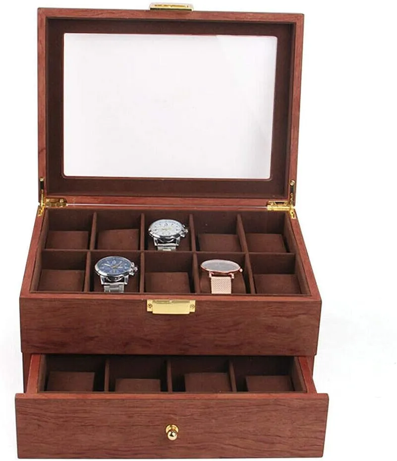 Men, Rosewood (US extremity bestow potter Warehouse) CNCEST Watch Organizer with Drawer Jewelry Display Case Transparent Lid Top Wooden Storage Box - 2 Tier 20 Slots Watch Storage Case for 