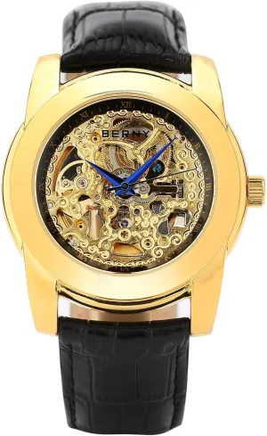 Men-Stainless Steel Luxury Waterproof Mens Wristwatch, Luminous Dial Indexes Blue Steel Hands ignite BERNY Skeleton Automatic Watches for 