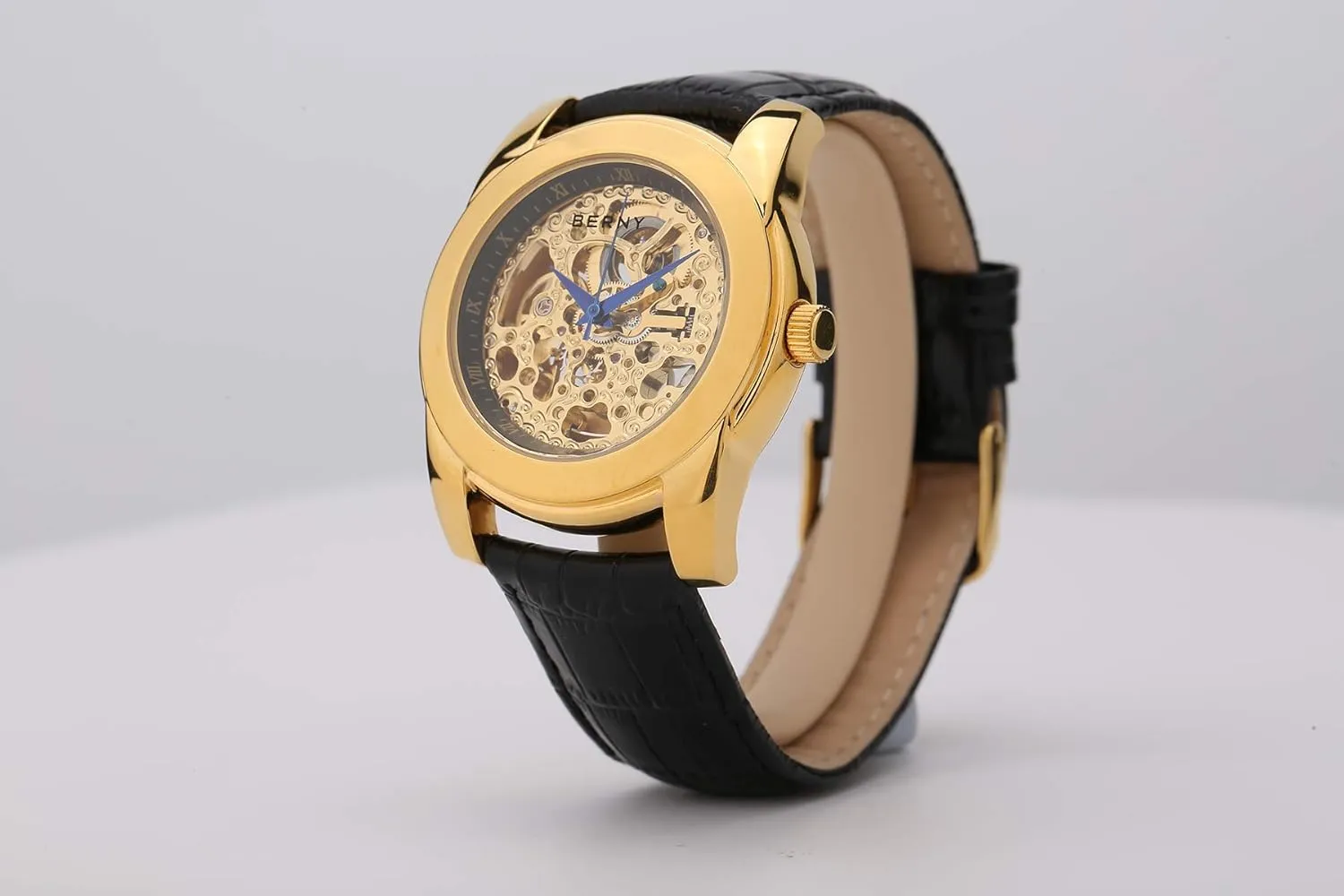 Men-Stainless Steel Luxury Waterproof Mens Wristwatch, Luminous Dial Indexes Blue Steel Hands ignite BERNY Skeleton Automatic Watches for 
