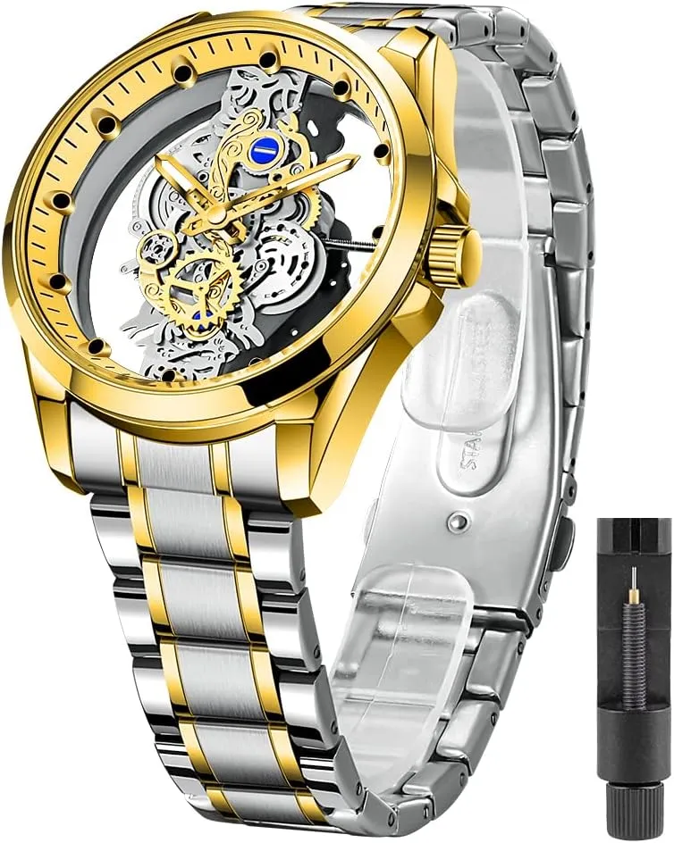Men Stainless Steel recline Waterproof Watch, Business Skeleton Quartz Watch for Men Tiong Men's Clear Cover Quartz Watch 
