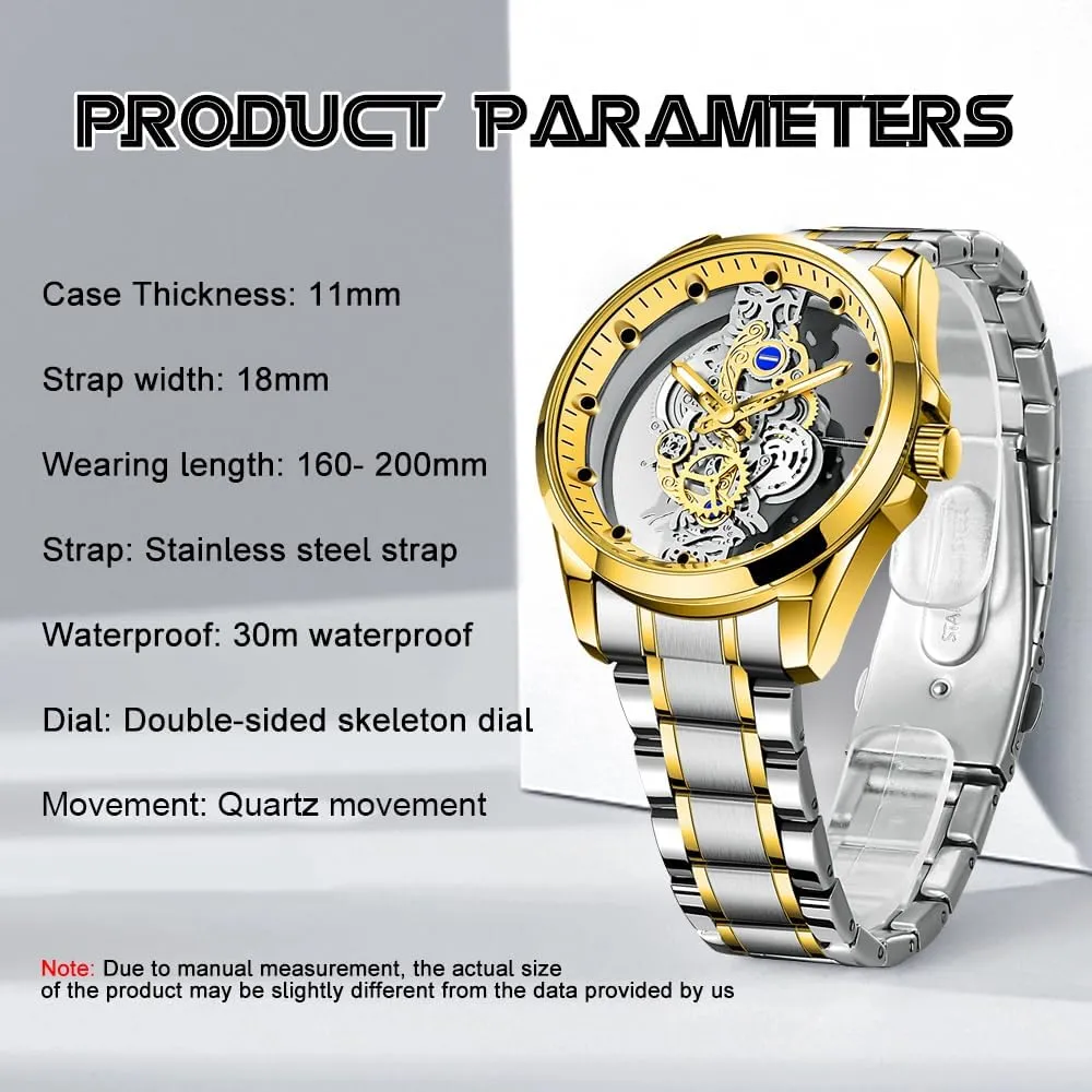 Men Stainless Steel recline Waterproof Watch, Business Skeleton Quartz Watch for Men Tiong Men's Clear Cover Quartz Watch 